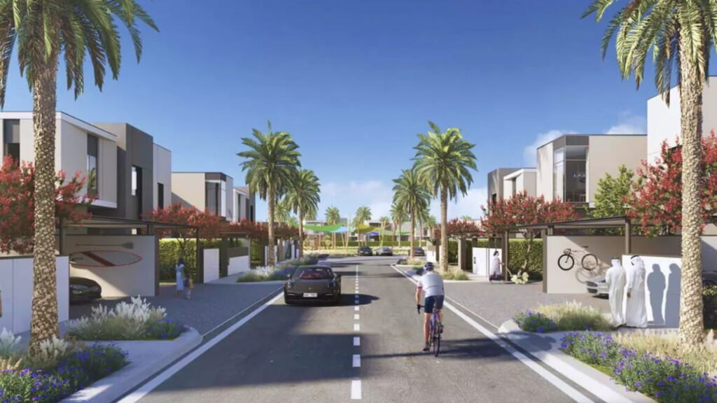 Al Furjan residential community with modern villas, landscaped streets and parks in Dubai