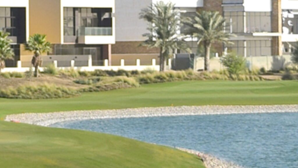 DAMAC Hills golf community with luxury villas, landscaped parks and Trump International Golf Club Dubai