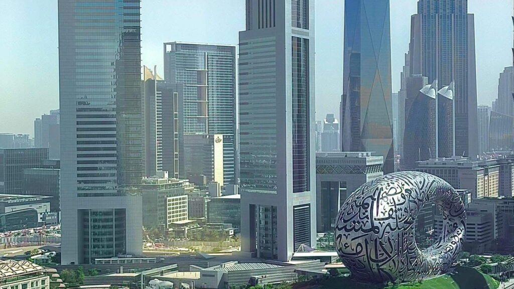 Dubai International Financial Centre skyline with Gate Building, luxury towers and financial district