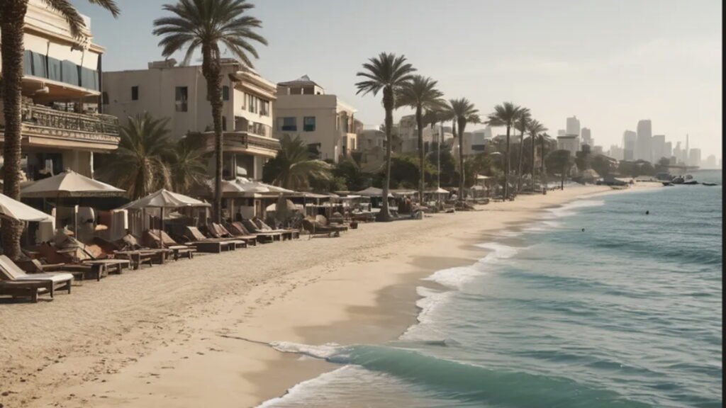 Dubai Islands Beach waterfront with palm trees, clear water and beachfront development