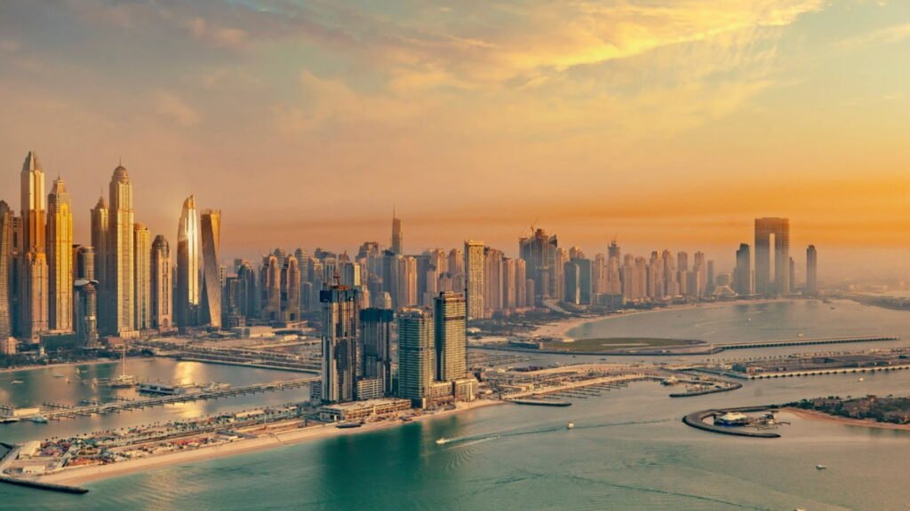 Palm Jumeirah aerial view with Atlantis, luxury beachfront villas and Dubai skyline